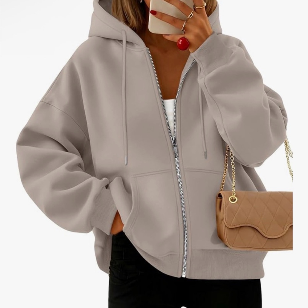 Oversized Tan Cropped Fleece Lined Zip Up Hoodie